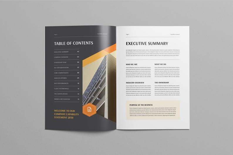 May include: An open book with a dark gray cover featuring a table of contents and the text "WELCOME TO OUR COMPANY CAPABILITY STATEMENT 2030." The right page displays an "EXECUTIVE SUMMARY" with text and a building graphic.