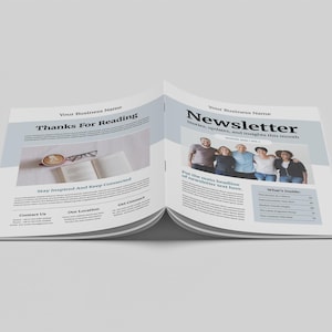 May include: Open newsletter with the headline "Newsletter" and the text "Stories, updates, and insights this month." The left page says "Thanks For Reading." Includes a photo of a group of people and a cup of coffee.