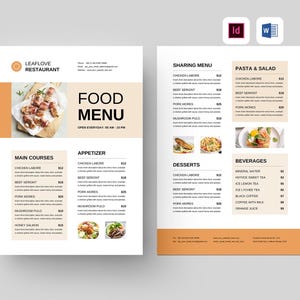Plantilla de menú de comida / Microsoft Word / Adobe InDesign / Volante de menú de restaurante / Diseño de menú de mesa minimalista / Hoja de lista de precios de cafetería creativa