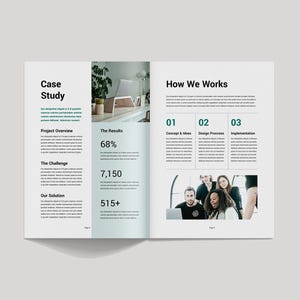 May include: A two-page spread from a brochure or magazine. The left page features the title "Case Study" with sections for project overview, challenge, and solution. The right page is titled "How We Works" with numbered sections and a photo of a diverse group.