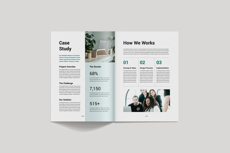 May include: A two-page spread from a brochure or magazine. The left page features the title "Case Study" with sections for project overview, challenge, and solution. The right page is titled "How We Works" with numbered sections and a photo of a diverse group.