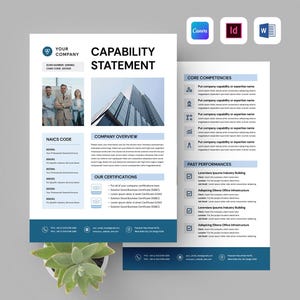May include: A two-page business capability statement template featuring a white and blue color scheme. The document includes sections for company overview, core competencies, past performances, NAICS codes, and certifications, with placeholder text.