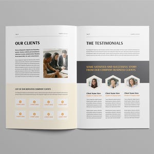 May include: Open magazine spread with the headings "OUR CLIENTS" and "THE TESTIMONIALS." The left page features text and a photo of people. The right page has client testimonials with photos and text. The pages have a white and beige color scheme.