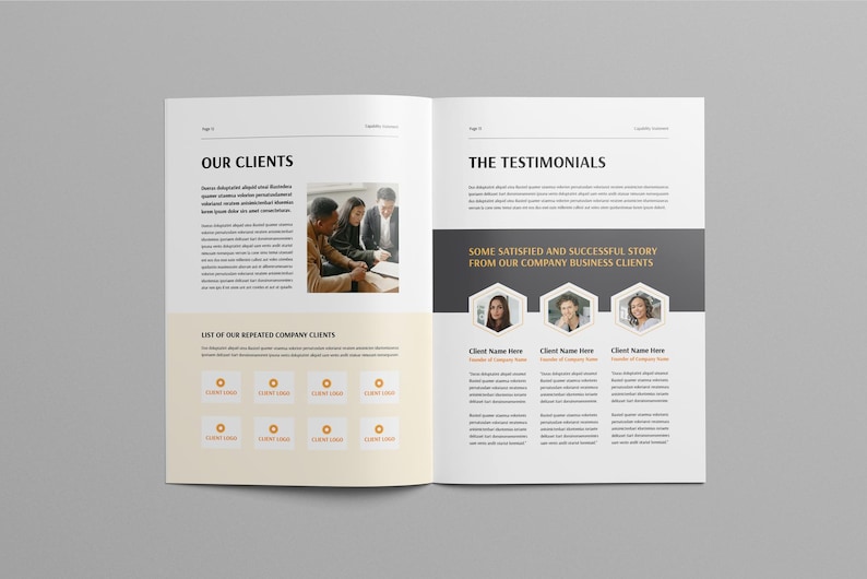May include: Open magazine spread with the headings "OUR CLIENTS" and "THE TESTIMONIALS." The left page features text and a photo of people. The right page has client testimonials with photos and text. The pages have a white and beige color scheme.