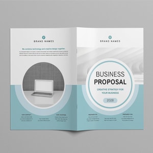 May include: A business proposal brochure with a blue and white color scheme. The front cover features a laptop computer and the text "BRAND NAMES". The back cover features the text "BUSINESS PROPOSAL" in a circle with the text "CREATIVE STRATEGY FOR YOUR BUSINESS" and "2028".