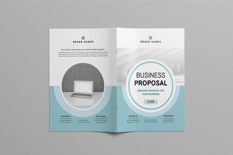 May include: A business proposal brochure with a blue and white color scheme. The front cover features a laptop computer and the text "BRAND NAMES". The back cover features the text "BUSINESS PROPOSAL" in a circle with the text "CREATIVE STRATEGY FOR YOUR BUSINESS" and "2028".