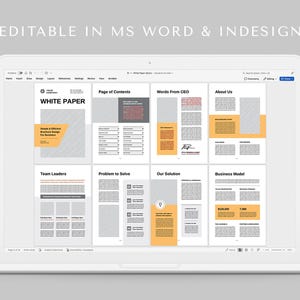 May include: A white paper template with a gray and white patterned background. The template is divided into sections with headings such as "Page of Contents", "Words From CEO", "About Us", "Team Leaders", "Problem to Solve", "Our Solution", and "Business Model".