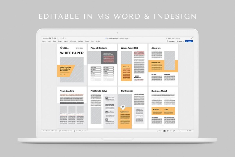 May include: A white paper template with a gray and white patterned background. The template is divided into sections with headings such as "Page of Contents", "Words From CEO", "About Us", "Team Leaders", "Problem to Solve", "Our Solution", and "Business Model".
