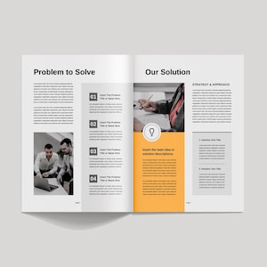 May include: A two-page document with a yellow background. The left page has a section titled "Problem to Solve" with a list of four problems. The right page has a section titled "Our Solution" with a list of two solutions. The document is a business plan or proposal.