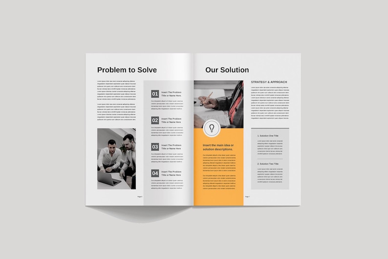 May include: A two-page document with a yellow background. The left page has a section titled "Problem to Solve" with a list of four problems. The right page has a section titled "Our Solution" with a list of two solutions. The document is a business plan or proposal.