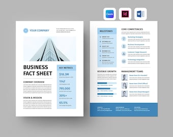 Business Fact Sheet Template | Corporate Summary Flyer | Company Profile Data Sheet | Client Investment One Pager (Canva, MS Word, InDesign)