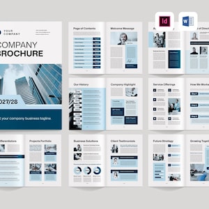 May include: A blue and white company brochure with a cityscape on the cover. The brochure includes sections for key differentiators, projects portfolio, business solutions, client testimonials, future strategy, and growing together.