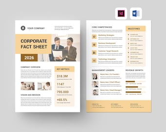 Coporate Fact Sheet Template | Microsoft Word | Adobe Indesign | Business Overview One Pager | Company Profile Data Sheet | Investment Flyer