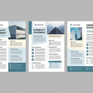 May include: Three-page document set titled "Capability Statement." Each page features a header with "Your Company" or "Your Brand." The design incorporates light blue, beige, and white sections with text and icons. The document includes sections for company overview, core competencies, and certifications.