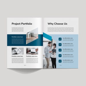 Pode incluir: Um folheto com um esquema de cores azul e branco. A p&aacute;gina da esquerda apresenta o t&iacute;tulo "Project Portfolio" e imagens de laptops e telefones. A p&aacute;gina da direita apresenta o t&iacute;tulo "Why Choose Us" e uma lista de fatores chave de diferencia&ccedil;&atilde;o com marcas de verifica&ccedil;&atilde;o. Duas pessoas s&atilde;o mostradas no fundo.