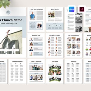 May include: A church directory layout with a light blue and white color scheme. The cover features the text "Your Church Name Church Directory 2028" and a photo of a church. Other pages include "Meet The Staff" and "Member Directory."