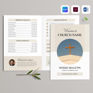 Könnte beinhalten: Eine Kirchenbulletin- und Gottesdienstordnungs-Vorlage. Das Bulletin zeigt eine Kreuzgrafik mit dem Text "Welcome to CHURCH NAME" und "WEEKLY BULLETIN". Die Gottesdienstordnung enthält wöchentliche Gottesdienstzeiten.