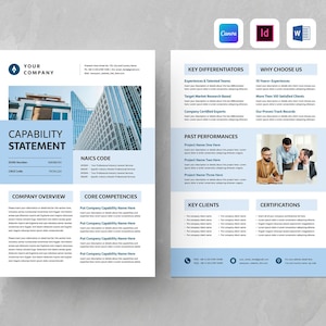 May include: A two-page document titled "CAPABILITY STATEMENT" with a blue and white design. The document includes sections for company overview, core competencies, key differentiators, and past performances. The document also features images of buildings and people.