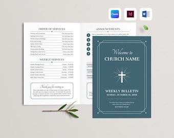 Sjabloon kerkbulletin | Programma kerkdiensten | Eenvoudig nieuwsbrieffolder | Tweevoudige brochure voor aanbiddingsevenementen (Canva, MS Word, InDesign)