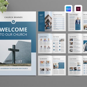 Könnte beinhalten: Eine mehrseitige Vorlage für ein Kirchen-Willkommensheft in Blau und Weiß. Das Titelblatt zeigt den Text "CHURCH BRANDS" und "WELCOME TO OUR CHURCH A GUIDEBOOK TO DISCOVER OUR CHURCH" sowie ein Bild eines Kreuzes und eines Gebäudes.