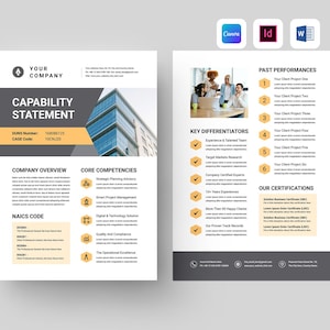 Peut inclure: Un modèle de déclaration de capacités d'entreprise sur deux pages avec un schéma de couleurs blanc et gris foncé et des accents orange. Le document comprend des sections pour la présentation de l'entreprise, les compétences et les certifications.