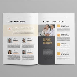May include: Open brochure with the title "LEADERSHIP TEAM" and "KEY DIFFERENTIATORS". The brochure features photos of people, text, and a color scheme of white, beige, and dark gray.