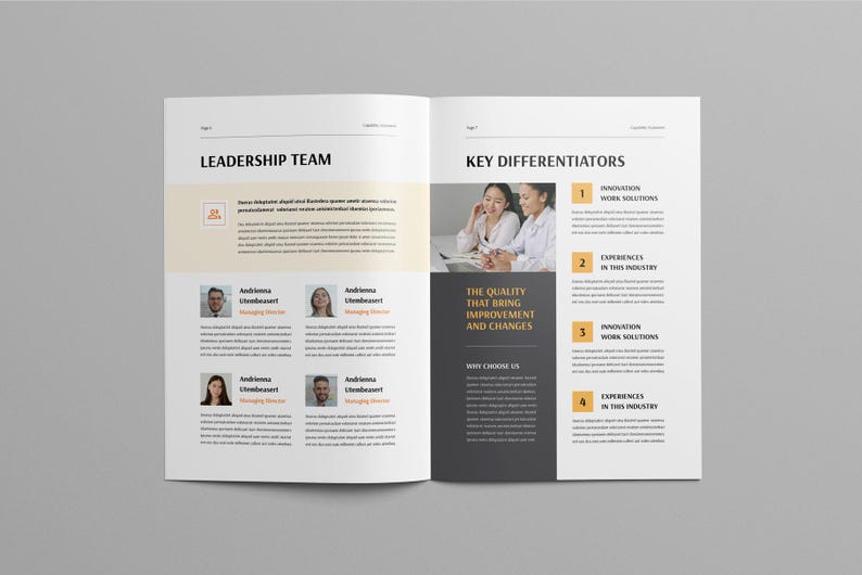 May include: Open brochure with the title "LEADERSHIP TEAM" and "KEY DIFFERENTIATORS". The brochure features photos of people, text, and a color scheme of white, beige, and dark gray.
