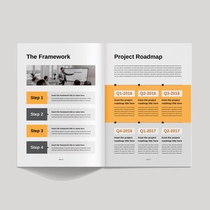May include: A two-page document with a gray background and black text. The left page is titled "The Framework" and has a photo of a person presenting to a group of people. The right page is titled "Project Roadmap" and has a timeline with six boxes, each labeled with a quarter and year. The boxes are orange with black text.