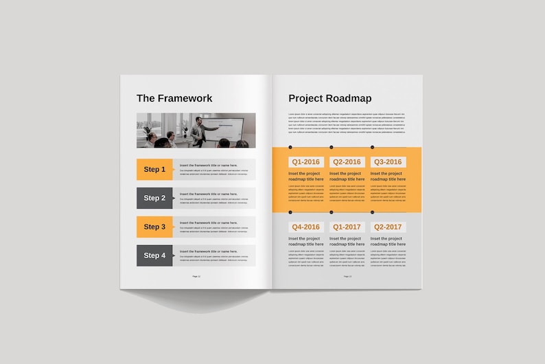 May include: A two-page document with a gray background and black text. The left page is titled "The Framework" and has a photo of a person presenting to a group of people. The right page is titled "Project Roadmap" and has a timeline with six boxes, each labeled with a quarter and year. The boxes are orange with black text.