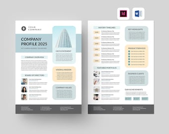 Puede incluir: Una plantilla de perfil de empresa de dos páginas con un diseño moderno. La página izquierda presenta el nombre de la empresa, "COMPANY PROFILE 2025", y secciones para la descripción general de la empresa, la junta directiva, la visión y la misión y los valores de la empresa. La página derecha incluye cronogramas, aspectos destacados, productos/servicios, una cartera destacada, clientes comerciales y logros.