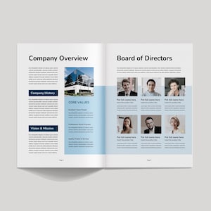 May include: Open magazine spread with a company overview and board of directors layout. The left page features sections for company history, vision, and core values. The right page displays headshots of the board members.