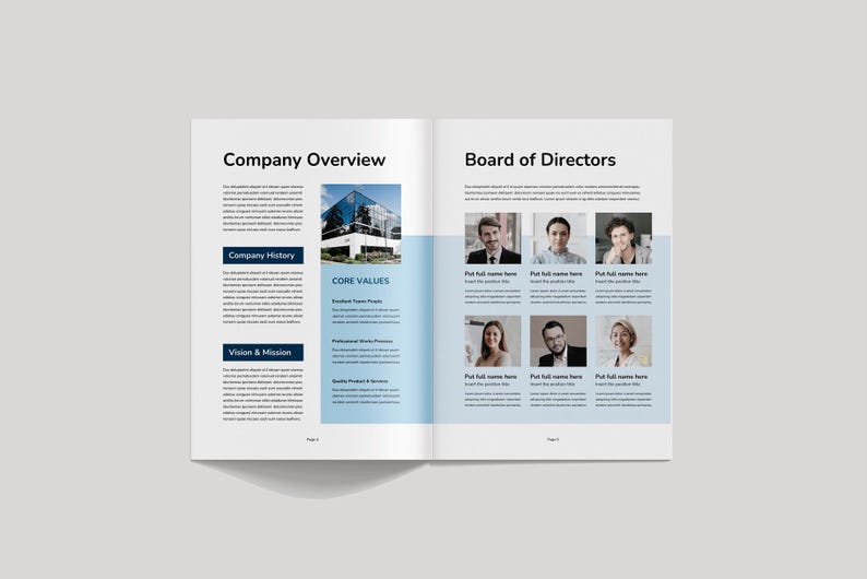 May include: Open magazine spread with a company overview and board of directors layout. The left page features sections for company history, vision, and core values. The right page displays headshots of the board members.