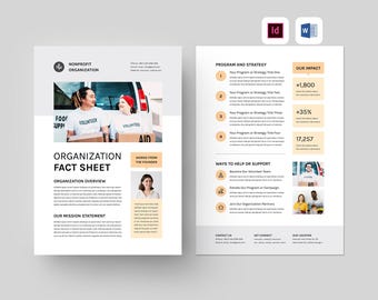 Nonprofit Organization Fact Sheet Template | Microsoft Word | Adobe Indesign | Charity Flyer | NGO Overview One Pager | Fundraiser Profile