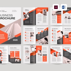 Può includere: Un opuscolo aziendale con uno schema di colori rosso e grigio. La copertina presenta un grattacielo e il testo "YOUR COMPANY BUSINESS BROCHURE 2028". Le pagine interne includono sezioni per la storia aziendale, l'attività principale, i nostri servizi, perché sceglierci, il processo di lavoro, le offerte di soluzioni, il portfolio di progetti, lo studio di caso, la testimonianza del cliente e per iniziare.