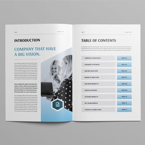 May include: Open book with the title "INTRODUCTION" and the text "COMPANY THAT HAVE A BIG VISION." The right page shows a "TABLE OF CONTENTS" with a list of topics and page numbers. Two women are shown working on a laptop.