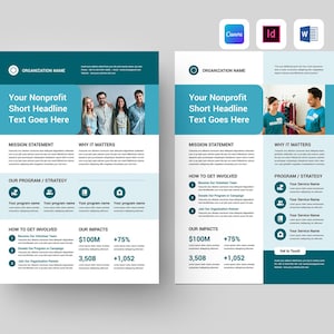 Puede incluir: Dos folletos turquesa y blancos con el texto "Your Nonprofit Short Headline Text Goes Here". Los folletos incluyen iconos, texto e imágenes de personas. La esquina superior derecha de la imagen tiene iconos para Canva, Adobe InDesign y Microsoft Word.