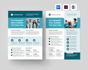 Nonprofit One Pager Template | Non Profit Charity Flyer | Fundraiser Organization Fact Sheet | NGO Impact Report (Canva, MS Word, InDesign)