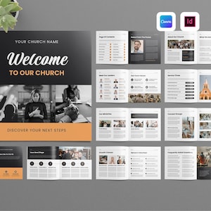 Puede incluir: Un conjunto de plantillas para folletos de bienvenida de iglesia con un esquema de colores negro y naranja y texto en blanco. El diseño incluye una portada con el texto Welcome TO OUR CHURCH y múltiples diseños de páginas interiores.