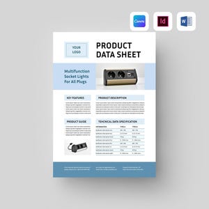 May include: Product data sheet with the text "PRODUCT DATA SHEET" and "Multifunction Socket Lights For All Plugs". The sheet includes key features, product description, product guide, and technical data specifications. A socket light is shown.