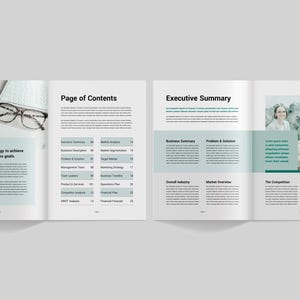 May include: A two-page business plan document with a green and white colour scheme. The left page features a smartphone, eyeglasses, and the text "Best strategy to achieve our business goals." The right page has a table of contents and an executive summary.