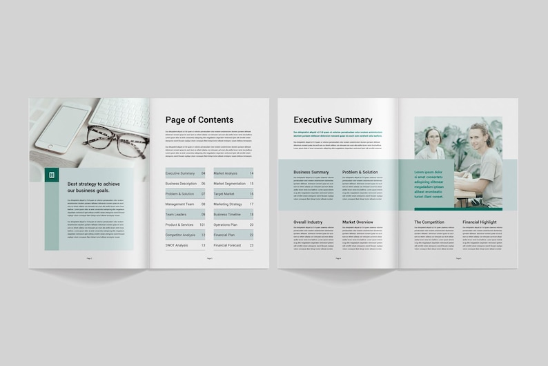 May include: A two-page business plan document with a green and white colour scheme. The left page features a smartphone, eyeglasses, and the text "Best strategy to achieve our business goals." The right page has a table of contents and an executive summary.
