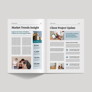 May include: A two-page spread from a magazine or brochure. The left page features the headline "Market Trends Insight" with text and images. The right page has "Client Project Update" with text and images. The pages are on a light gray background.
