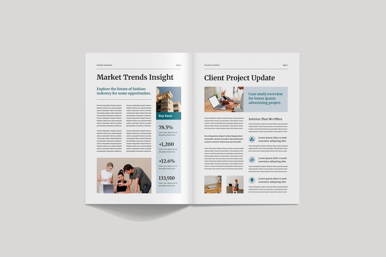 May include: A two-page spread from a magazine or brochure. The left page features the headline "Market Trends Insight" with text and images. The right page has "Client Project Update" with text and images. The pages are on a light gray background.