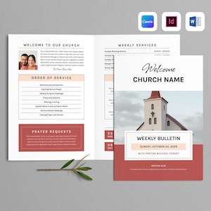 May include: A church bulletin design with a red and white color scheme. The bulletin includes the text "Welcome Church Name" and "Weekly Bulletin". The design also features a photo of a church.