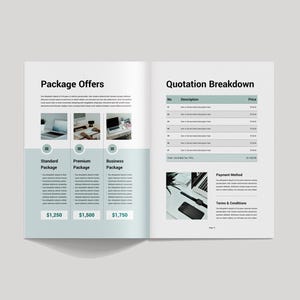 May include: An open book with the title "Package Offers" and "Quotation Breakdown". The left page displays three package options: Standard, Premium, and Business. Each package has a price listed below it. The right page shows a quotation breakdown.