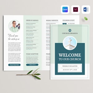 Vorlage für einen Gemeindebrief | Programm für den Sonntagsgottesdienst | Moderner christlicher Newsletter | Broschüre für Gottesdienste (Canva, MS Word, InDesign)