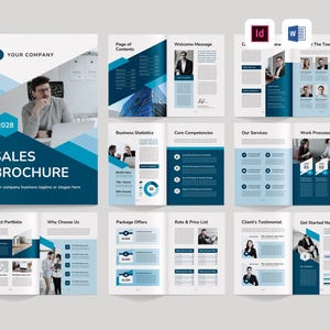Może przedstawiać: Niebieska i biała broszura sprzedażowa z tytułem "Sales Brochure" i rokiem "2028". Broszura zawiera sekcje dotyczące portfolio projektów, dlaczego warto wybrać nas, oferty pakietów, cennik, referencje klientów i rozpoczęcie.