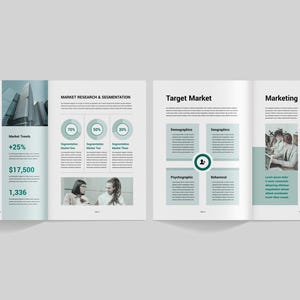 May include: A market analysis report with a green and white colour scheme. The report includes sections on market analysis, market research and segmentation, target market, and marketing strategy. The report includes charts, graphs, and text.