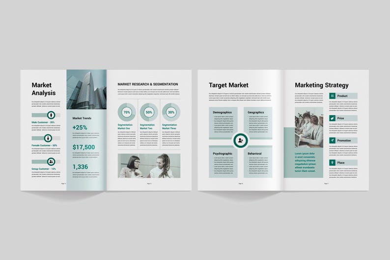 May include: A market analysis report with a green and white colour scheme. The report includes sections on market analysis, market research and segmentation, target market, and marketing strategy. The report includes charts, graphs, and text.
