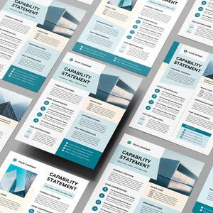 May include: Multiple printed Capability Statement documents with a modern design. Each document features a teal and white color scheme, with sections for company overview, core competencies, and certifications. The documents are arranged on a light gray surface.